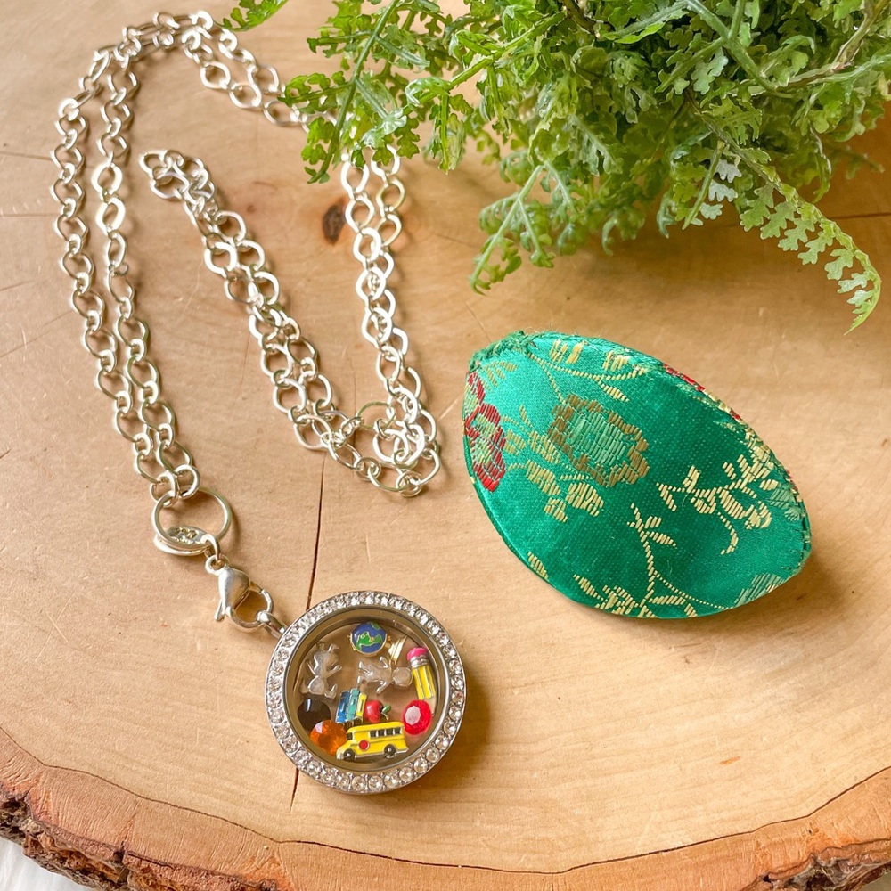 Origami Owl Locket Necklace Teacher Charms Silver Tone 30" Apple Bus Book Pencil